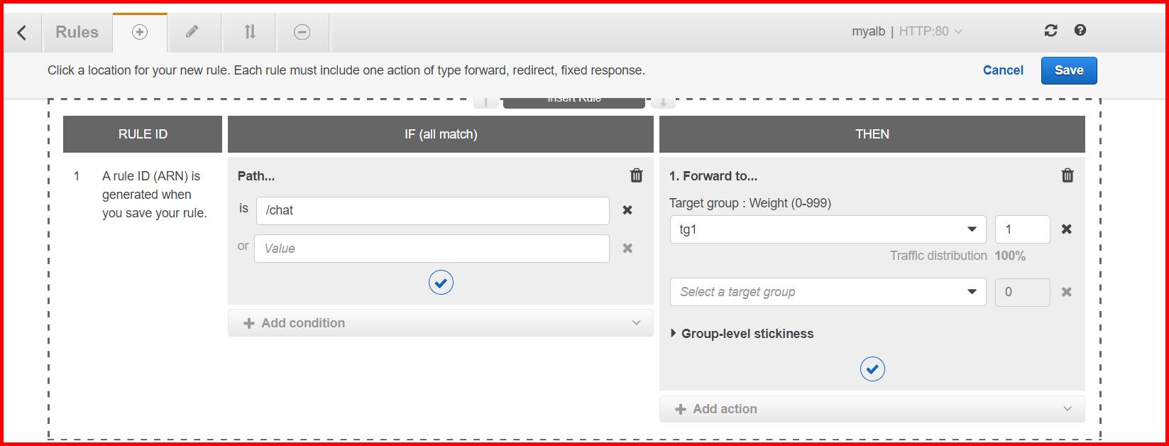 Picture showing adding a rule for path based routing